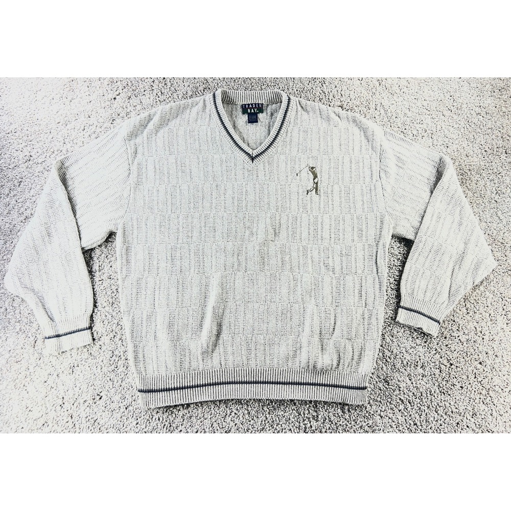 Vtg Trader Bay Mens XL Gray Textured V-Neck Golf Sweater Stripe Cotton Blend